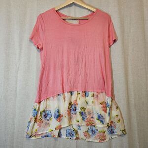 Audge Podge Women's Short Sleeve Top Pink Sheer Floral Soft Flowy Large USA